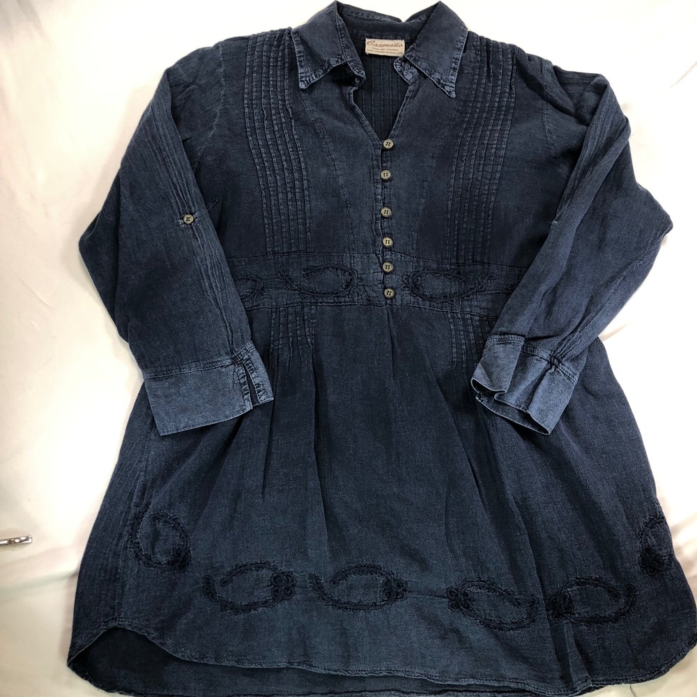 Caamano Navy Blue Linen Embroidered Pintuck Tunic Blouse Henley Top Womens L